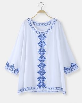 Bohemian Embroidery O-neck Long Sleeve Bikini Shirt Dress