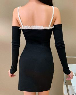 Bowknot Long Sleeves Cotton Sexy Slim Fit Bodycon Dresses