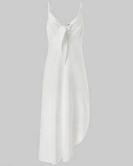 Casual Solid Color Mature Zipper V-Neck Irregular Split Hem Camisole Dress