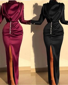 Elegant High Split Satin Silk Buttoned Party Maxi Dress