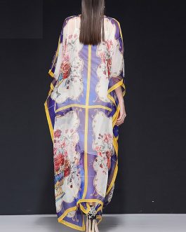 Fashion Batwing Sleeve Vase Print Loose Robe Maxi Dresses