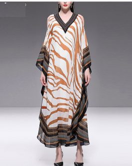 Fashion Designer Ripple Print V Neck Loose Maxi Dresses