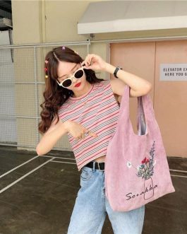 Flower Print Simple Large Capacity Durable Corduroy Casual Shopping bags