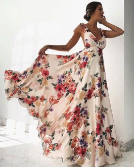 Floral Maxi Dress V Neck Backless Chiffon Boho Dress