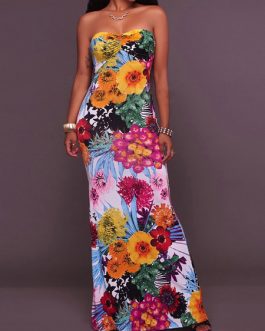 Floral Print Strapless Stretchy Sexy Maxi Dresses