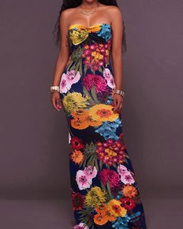 Floral Print Strapless Stretchy Sexy Maxi Dresses