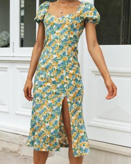 Floral print slit Slim lantern sleeve A-line midi dress