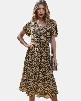 Flouncing Leopard Print Short Sleeve V-neck Casual Dress