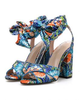 High Heel Sandals Open Toe Floral Printed Lace Up Block Heel Sandal Shoes