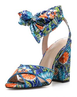 High Heel Sandals Open Toe Floral Printed Lace Up Block Heel Sandal Shoes