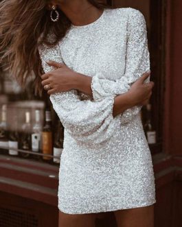 Jewel Neck Sexy Sequins Long Sleeves Puffed Sleeves Club Dress