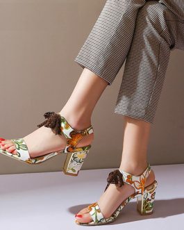 Lace Strips Print High Heels Sandals