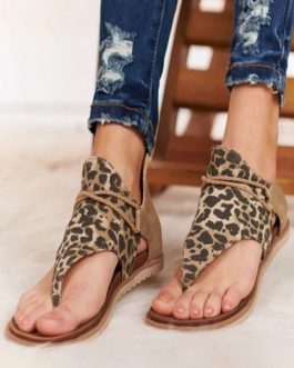 Leopard Boots Open Toe Printed Suede Leather Flat Sandals