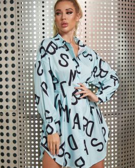 Letters Lapels Collar Buttons Long Sleeves Polyester Print Stretch Shirt Midi Dresses