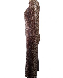 Long Sleeves Leopard Print High Collar Polyester Floor Length Maxi Dresses