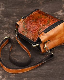 New Retro Genuine Leather Bucket Handbag Hand Embossed Craft Flower Crossbody bag