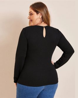 Plus Size Keyhole Back Laser Cut Front Top and Blouses