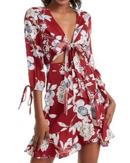 Printed Polyester Lace Up Beach Dress