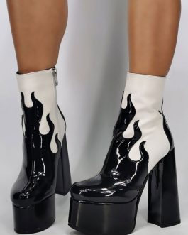 Round Toe Zipper Artwork Chunky Heel Over The Knee Patent PU Boots