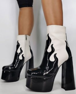 Round Toe Zipper Artwork Chunky Heel Over The Knee Patent PU Boots