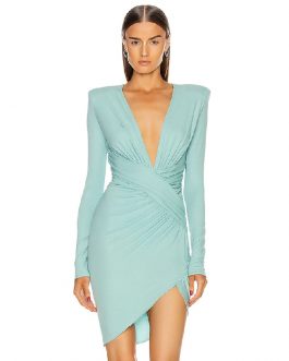 Sexy V Neck Long Sleeve Draped Fashion Club Mini Dress