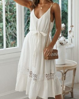 Sexy V-neck Casual high waist lace-up Fashion elegant dress