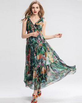 Sexy Vintage Chiffon Floral Print Holiday Party Dress