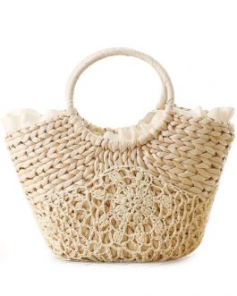 Straw Beach Bag Ring Strap Ribbon Trim Crochet Tote Bags For Women