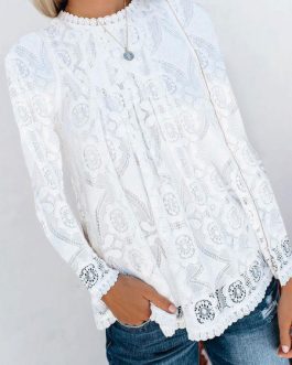 V-Neck Casual Long Sleeves Lace Hollow Out Polyester Tops