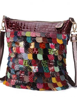 Women Bohemian Floral Genuine Leather Handbags Bright Crossbody Bags
