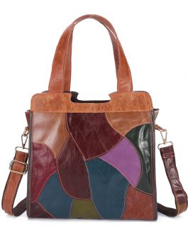 Women Patchwork Genuine Leather Tote Bags Large Capacity Handbags Bohemian Vintage Crossbody Bags
