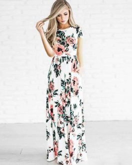 Women’s Maxi Dresses Floral Print Short Sleeve Summer Long Dress